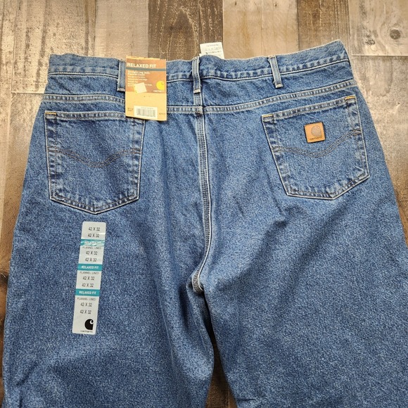 Mens Carhartt size 42x32 Flannel Lined Relaxed Fit Straight Leg Mid Rise Jeans - Picture 2 of 10